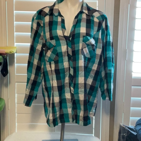 Cato Teal and Black Plaid Button Down Shirt - Picture 1 of 8